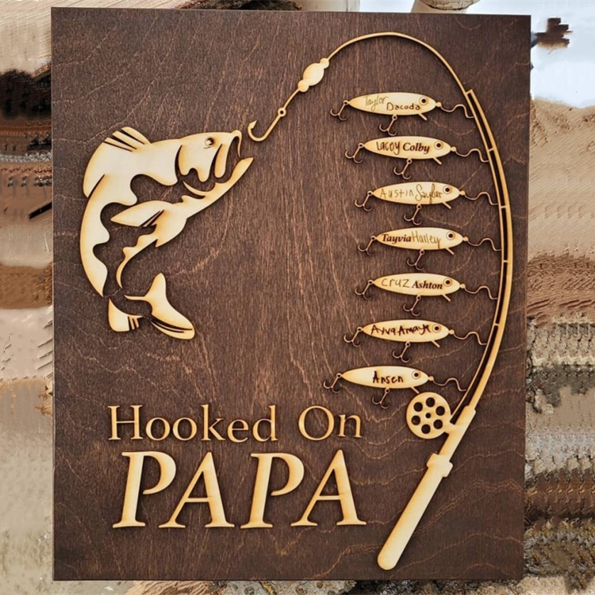 Hooked on Grandpa Papa Dad Father's Day Birthday Sign Personalized Fishing Trip Gift For Him