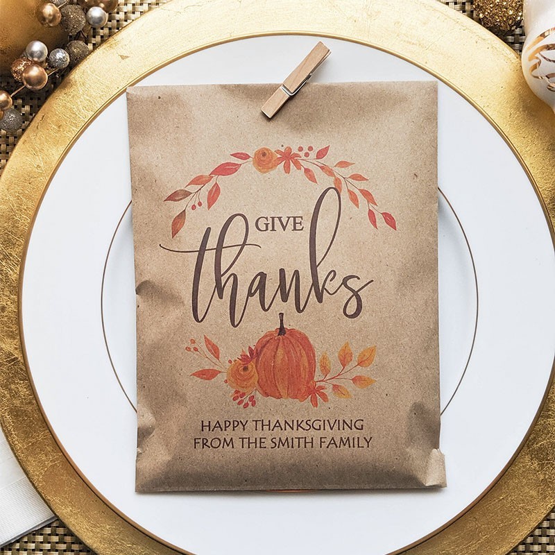 Personalized Set of 10 Thanksgiving Favor Bags Friendsgiving Place Cards for Thanksgiving Table