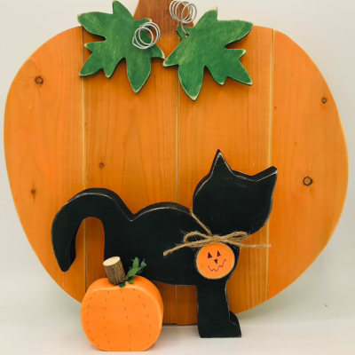 Black Cat with small and big pumpkin Halloween Decor