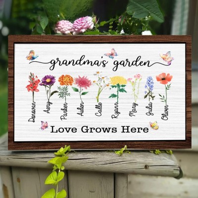Personalized Grandma's Garden Frame Sign With Grandkids Names and Birth Flower Unique Mother's Day Gift