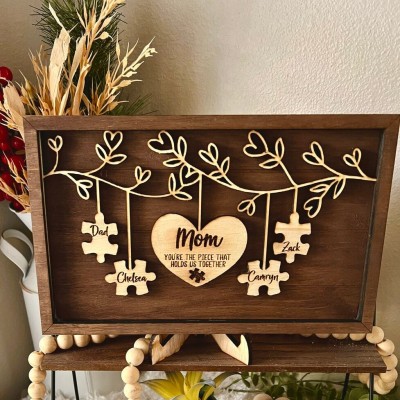 Personalized Family Name Puzzle Pieces Sign Mother's Day Gift For Mom Grandma
