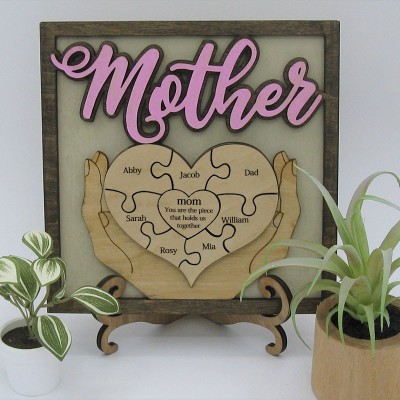 Personalized Heart Shaped 1-16 Names Mom You Are the Piece that Holds Us Together Puzzle Pieces Name Sign Mother's Day Gift