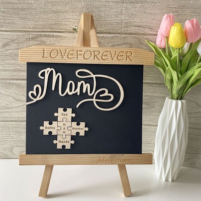Personalized Photo Frame Easel With Puzzle Pieces Name Sign Mother's Day Gift