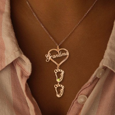 Personalized Grandma Necklace With Baby Feet 1-10 Pendants with Birthstone