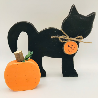 Black Cat with small and big pumpkin Halloween Decor