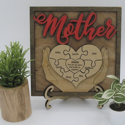 Personalized Heart Shaped 1-16 Names Mom You Are the Piece that Holds Us Together Puzzle Pieces Name Sign Mother's Day Gift