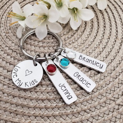 Personalized 1-6 Engraving Names with Birthstone Key Chain Gift For Mother's Day