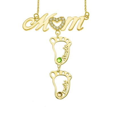 Personalized Mom Necklace With Baby Feet 1-10 Pendants with Birthstone