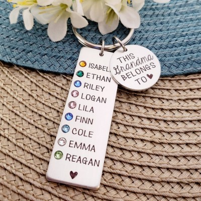 Personalized 9-13 Engraving Names with Birthstone Key Chain Gift For Mother's Day